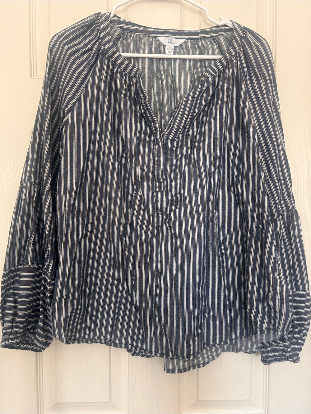 Time and Tru Navy and White Striped Peasant Tunic